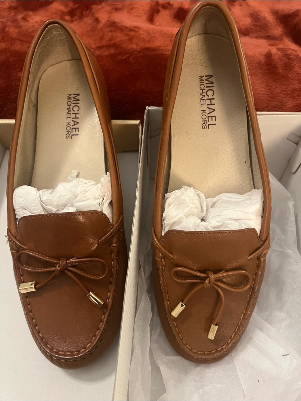 Michael Kors Women’s Brown Leather Moccasin Loafers with Bow Accents